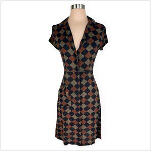 Betsey Johnson Vintage Argyle Print Zip Front Pocket Retro Dress 80's 90's Vtg L